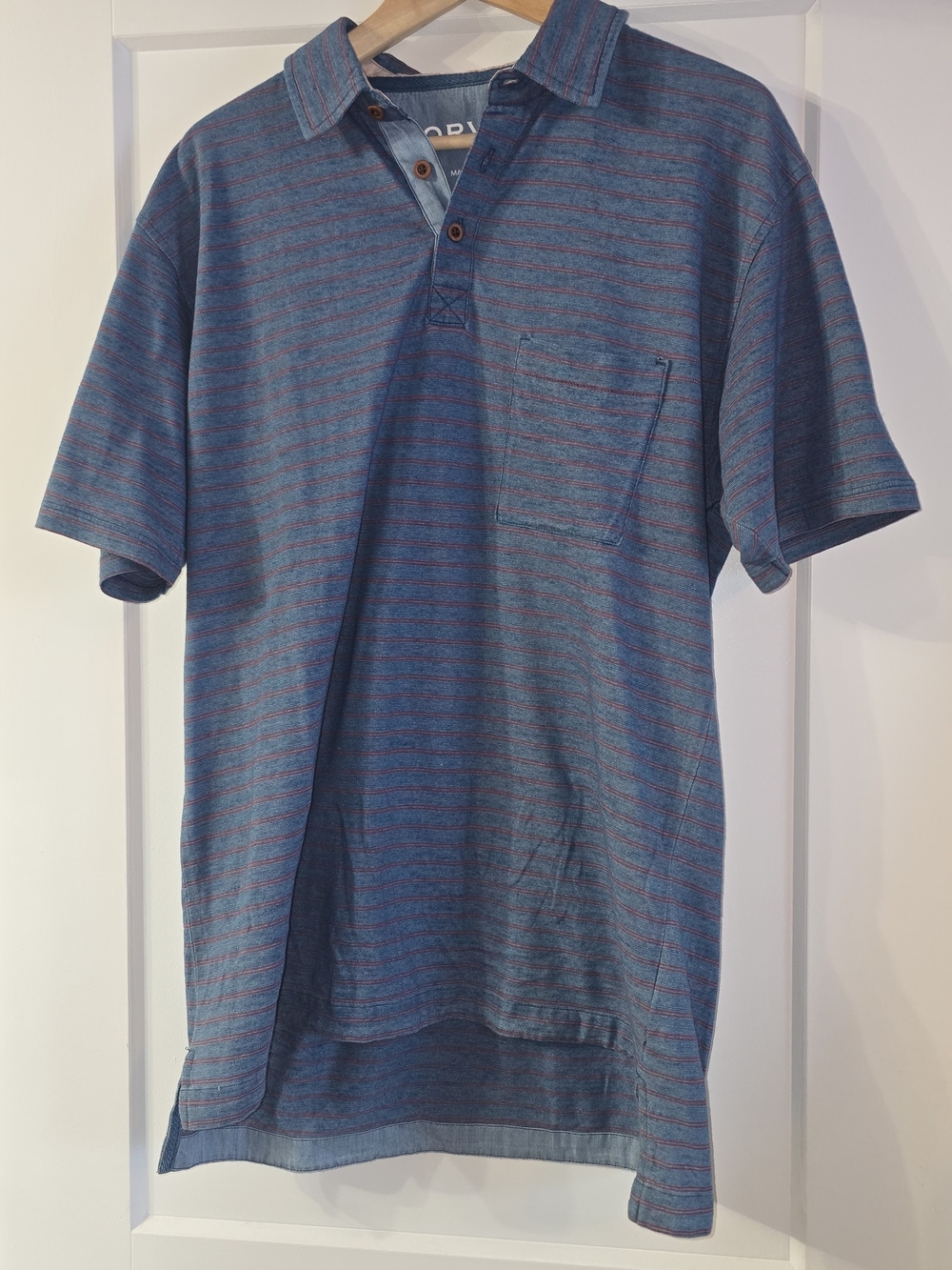 Orvis Blue Polo with Thin Red Stripes Medium